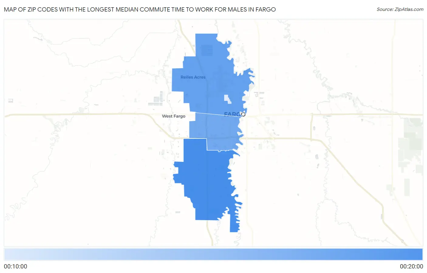 Zip Codes with the Longest Median Commute Time to Work for Males in Fargo Map