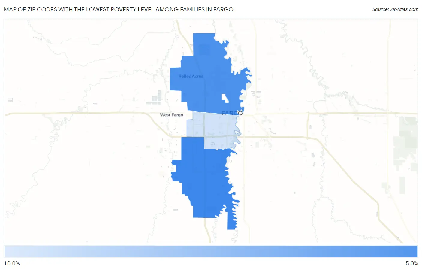 Zip Codes with the Lowest Poverty Level Among Families in Fargo Map