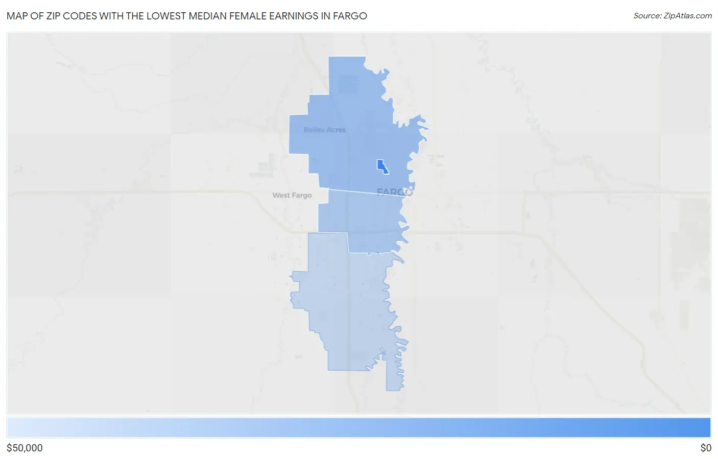 Zip Codes with the Lowest Median Female Earnings in Fargo Map