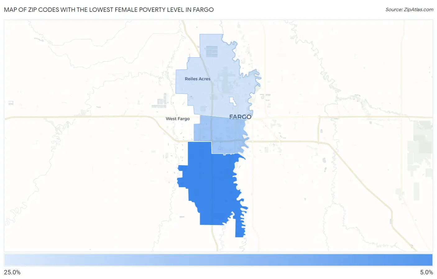 Zip Codes with the Lowest Female Poverty Level in Fargo Map