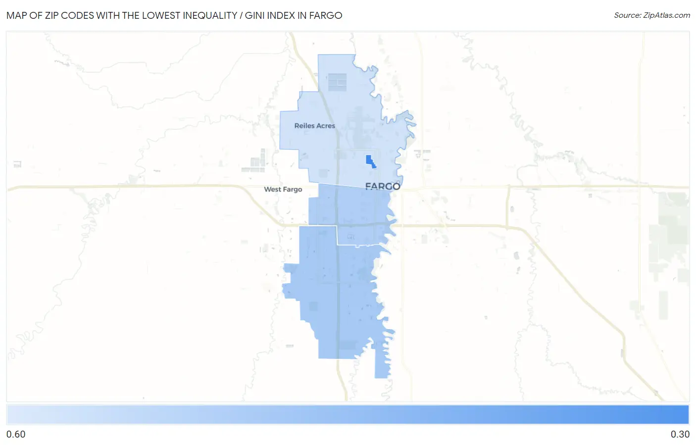 Zip Codes with the Lowest Inequality / Gini Index in Fargo Map