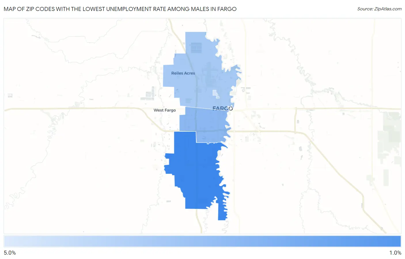Zip Codes with the Lowest Unemployment Rate Among Males in Fargo Map