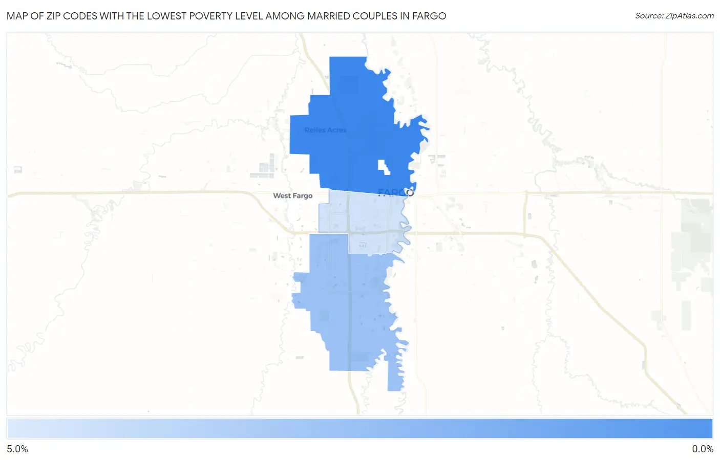 Zip Codes with the Lowest Poverty Level Among Married Couples in Fargo Map