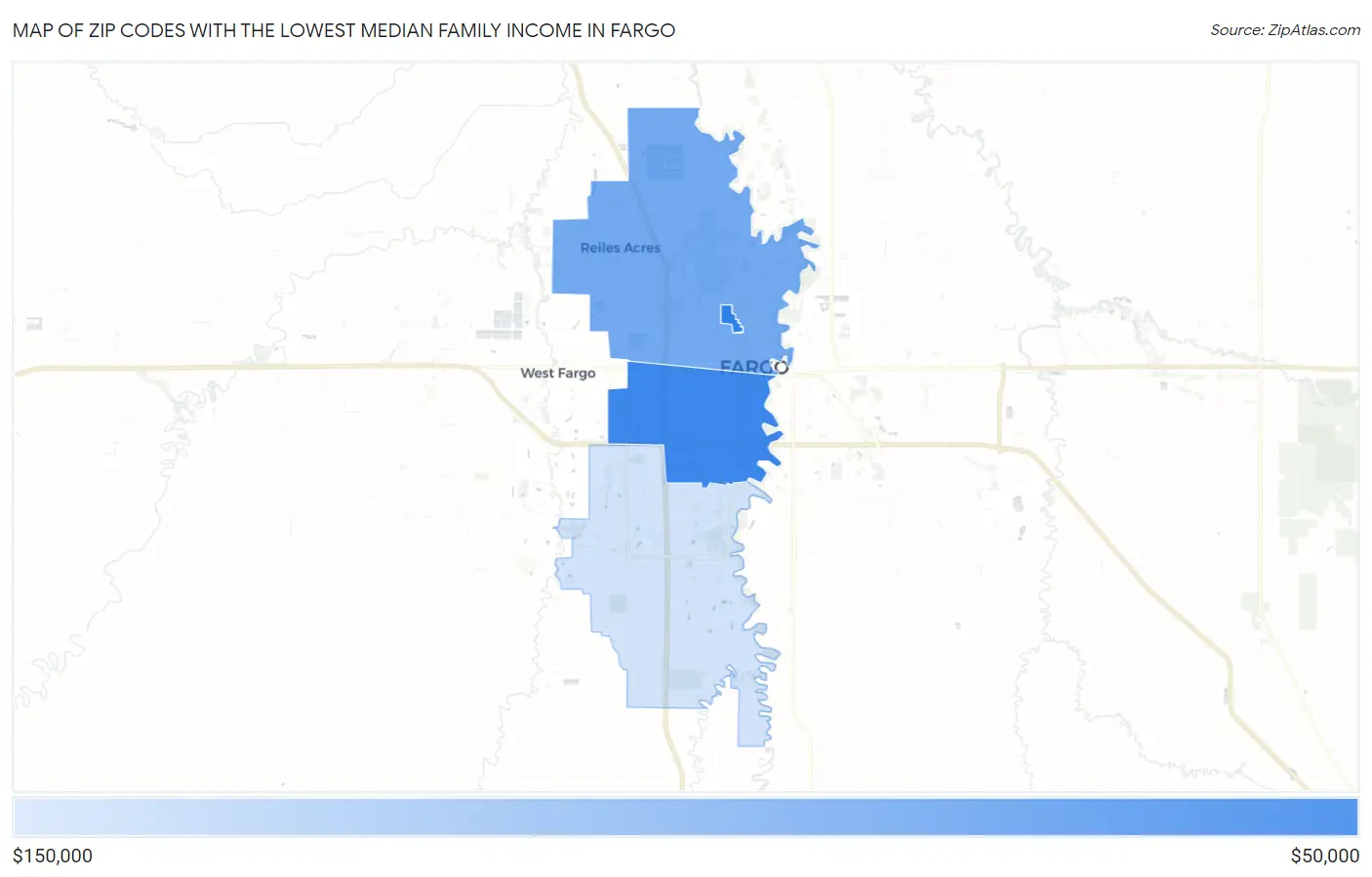 Zip Codes with the Lowest Median Family Income in Fargo Map