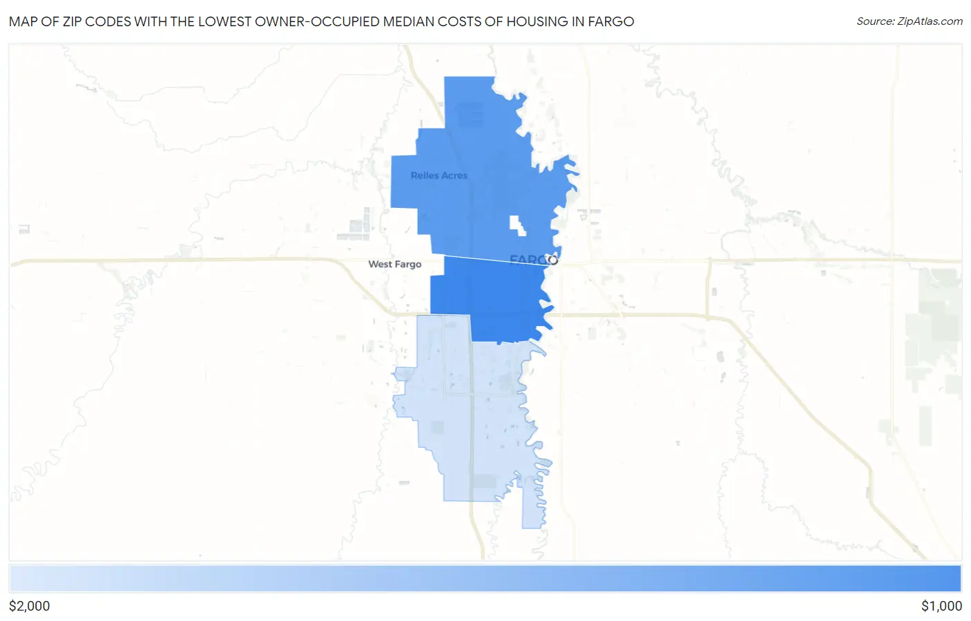 Zip Codes with the Lowest Owner-Occupied Median Costs of Housing in Fargo Map
