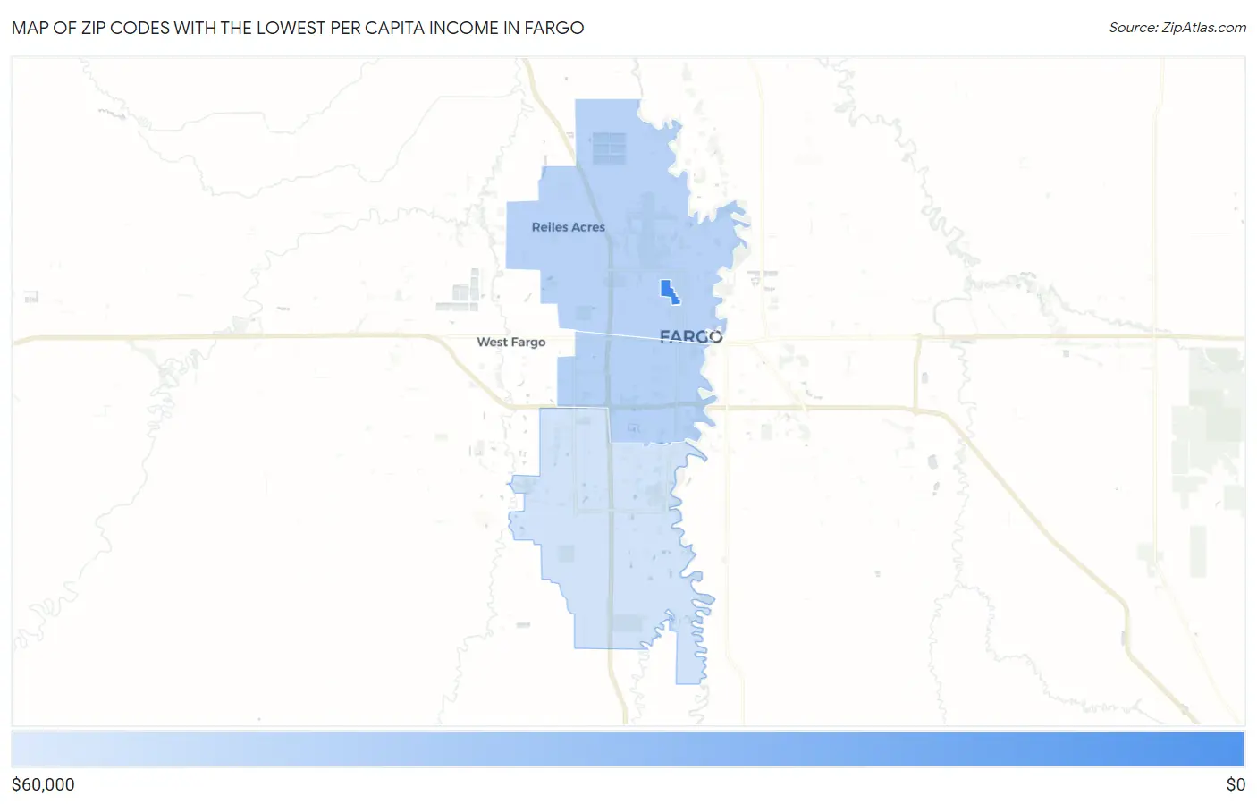 Zip Codes with the Lowest Per Capita Income in Fargo Map