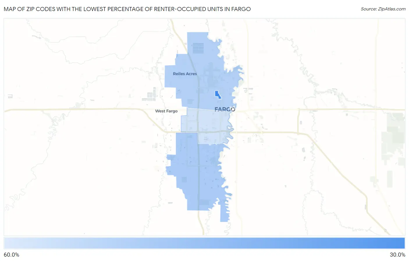 Zip Codes with the Lowest Percentage of Renter-Occupied Units in Fargo Map