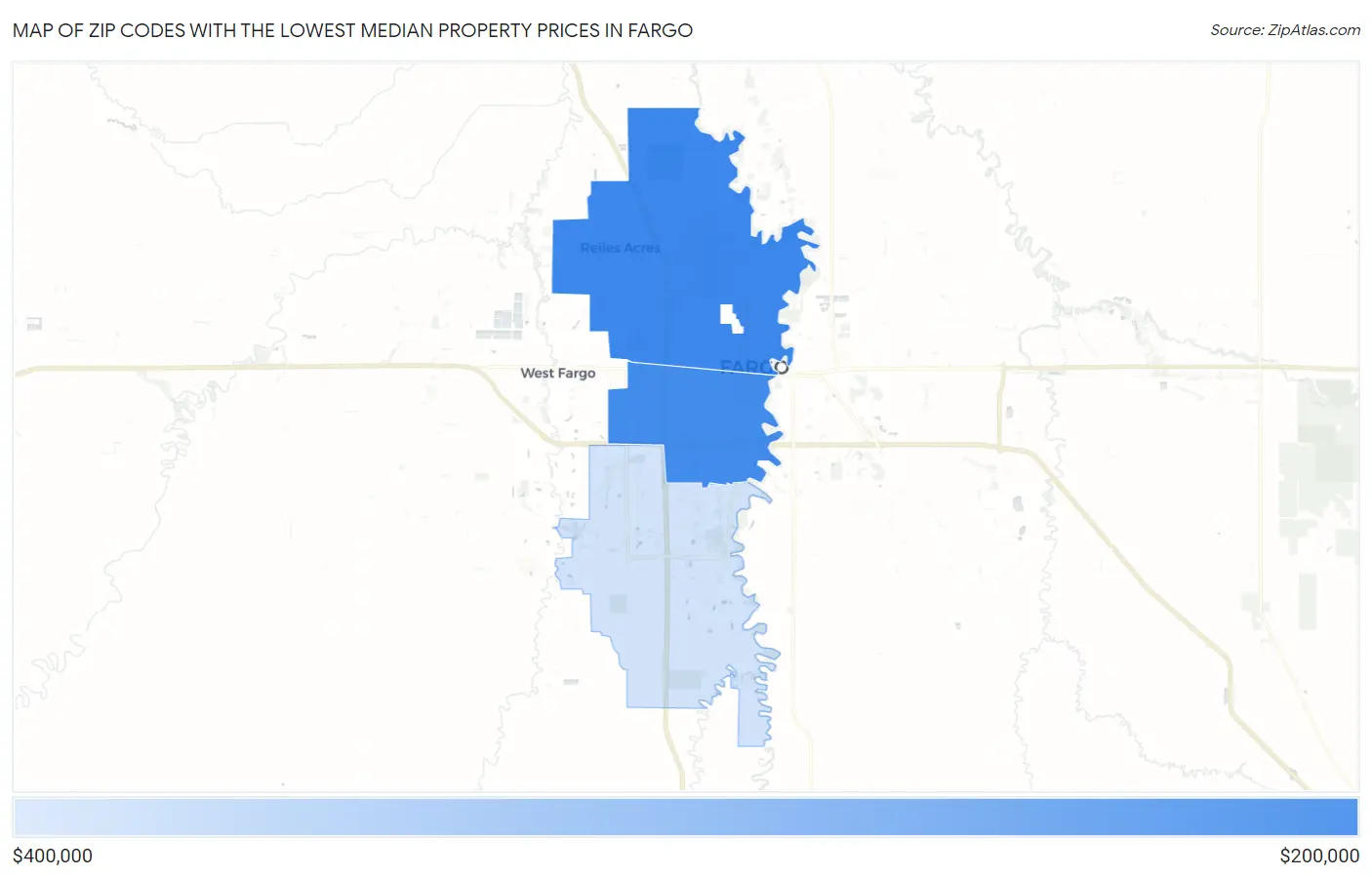 Zip Codes with the Lowest Median Property Prices in Fargo Map