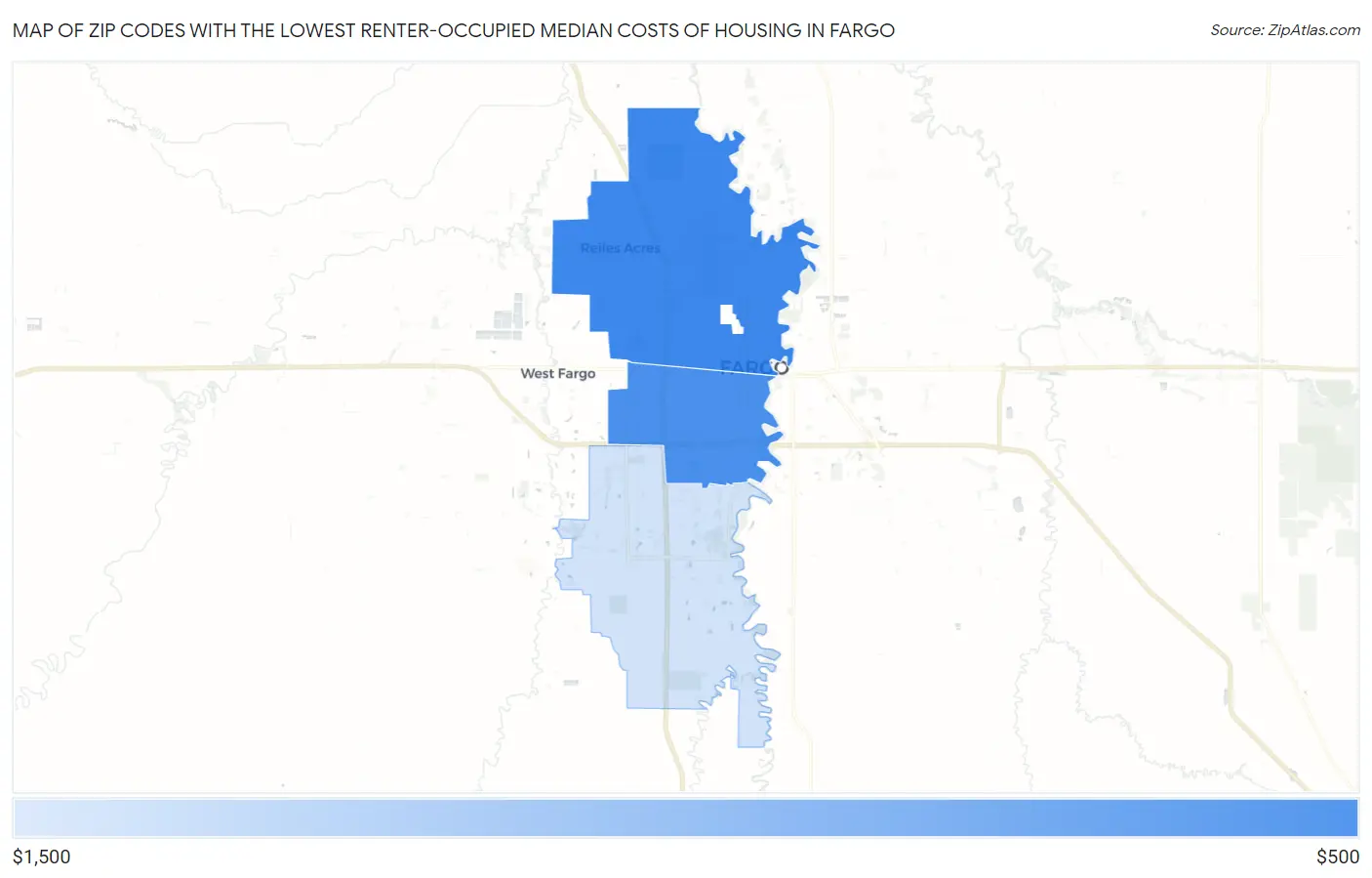 Zip Codes with the Lowest Renter-Occupied Median Costs of Housing in Fargo Map