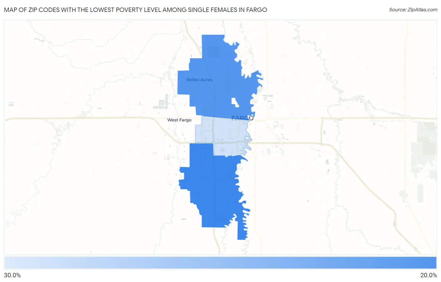 Zip Codes with the Lowest Poverty Level Among Single Females in Fargo Map
