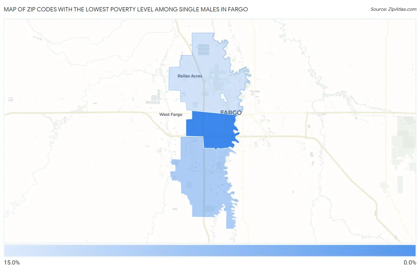 Zip Codes with the Lowest Poverty Level Among Single Males in Fargo Map