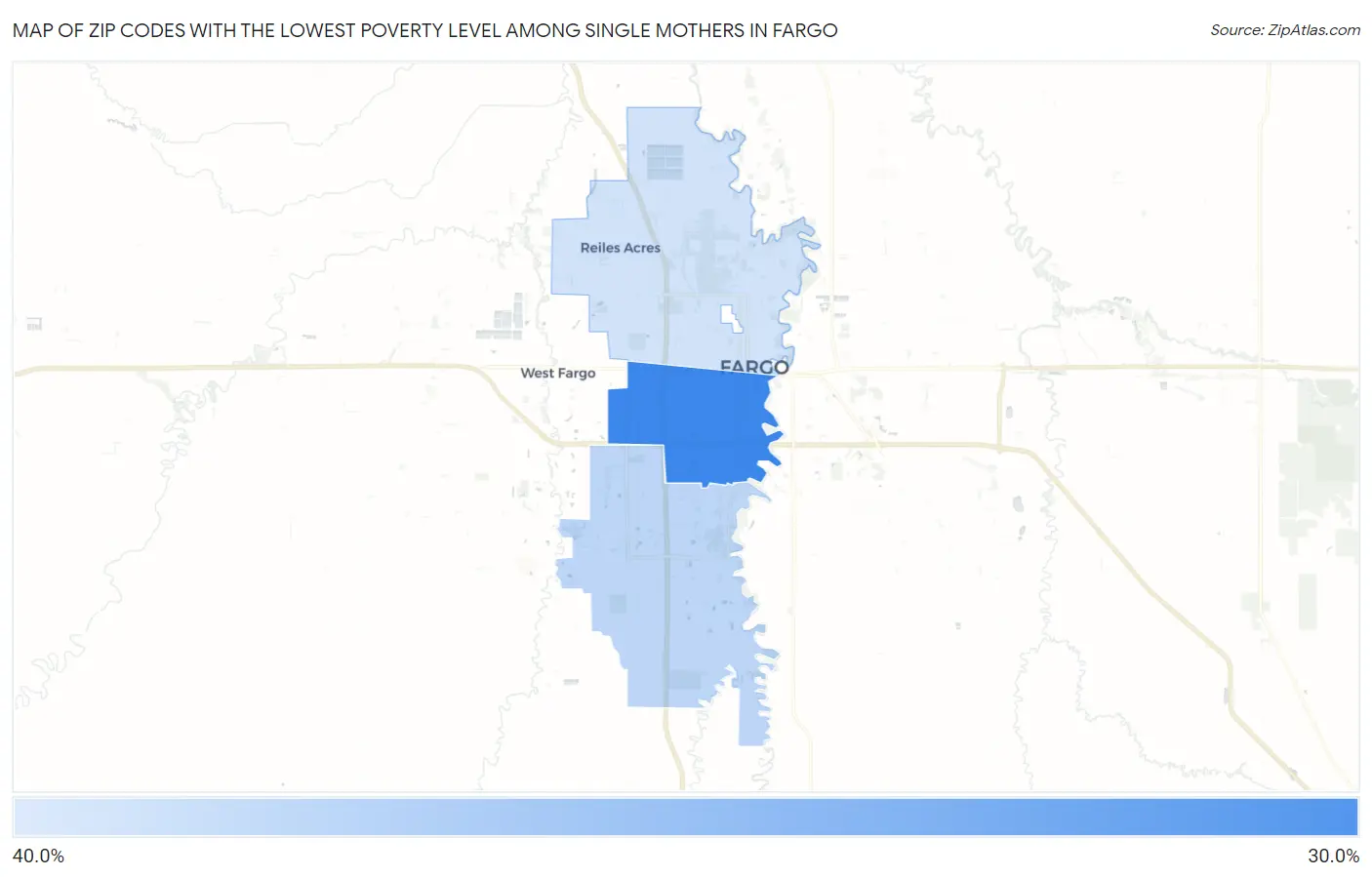 Zip Codes with the Lowest Poverty Level Among Single Mothers in Fargo Map