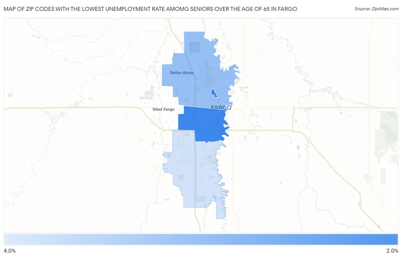 Zip Codes with the Lowest Unemployment Rate Amomg Seniors Over the Age of 65 in Fargo Map