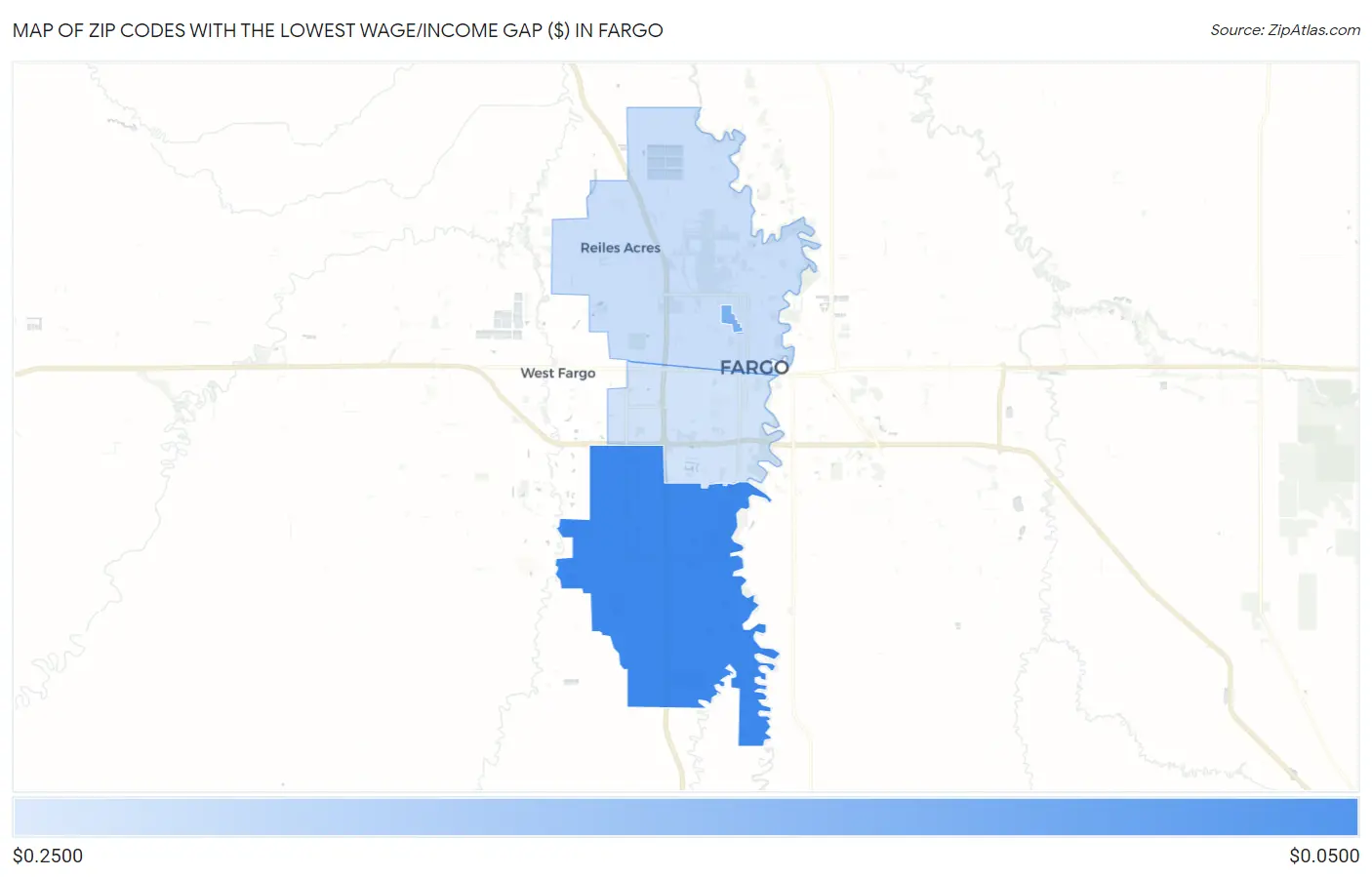 Zip Codes with the Lowest Wage/Income Gap ($) in Fargo Map