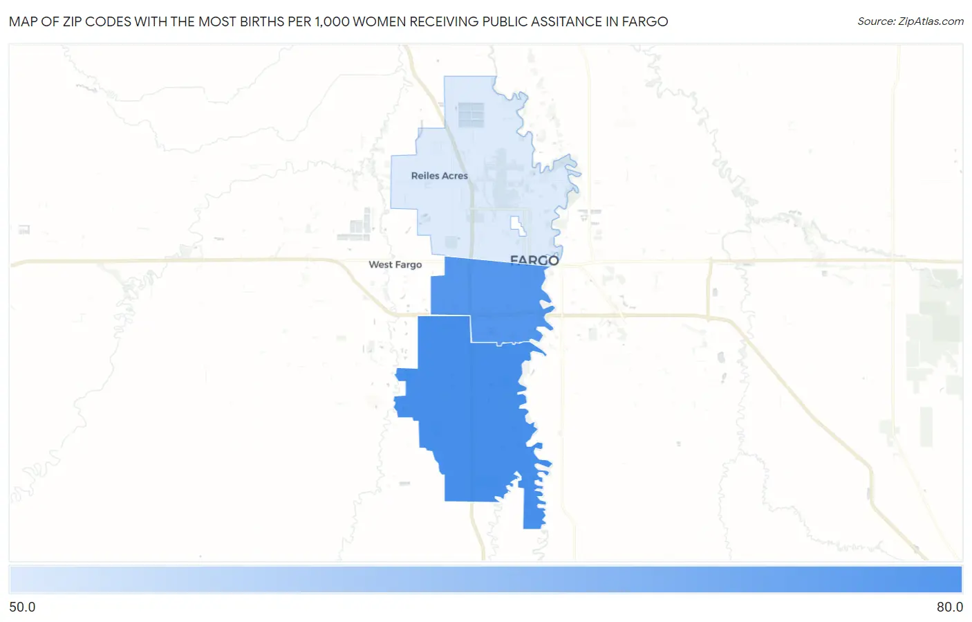 Zip Codes with the Most Births per 1,000 Women Receiving Public Assitance in Fargo Map