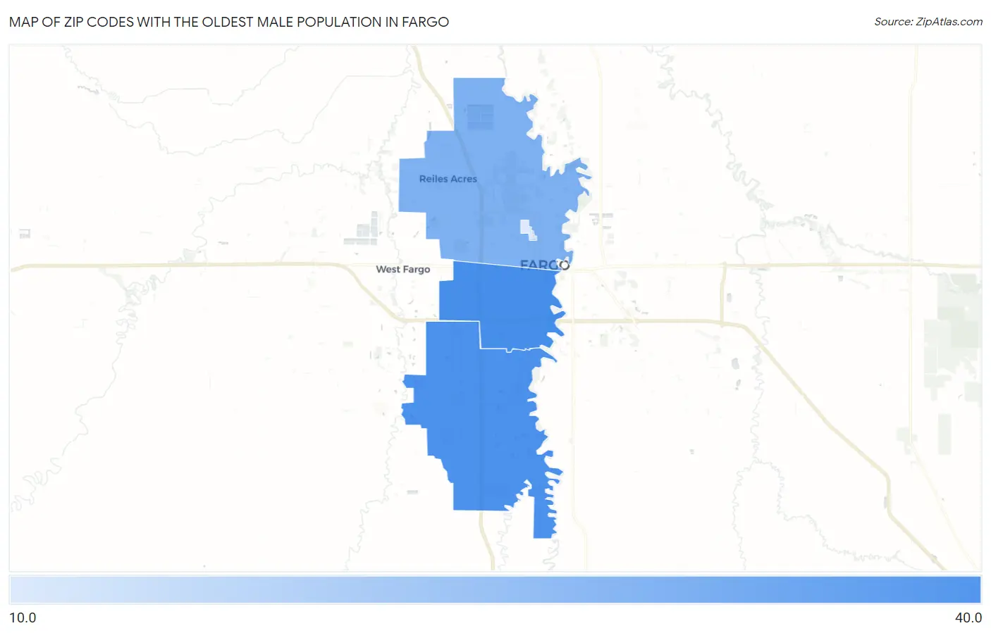 Zip Codes with the Oldest Male Population in Fargo Map