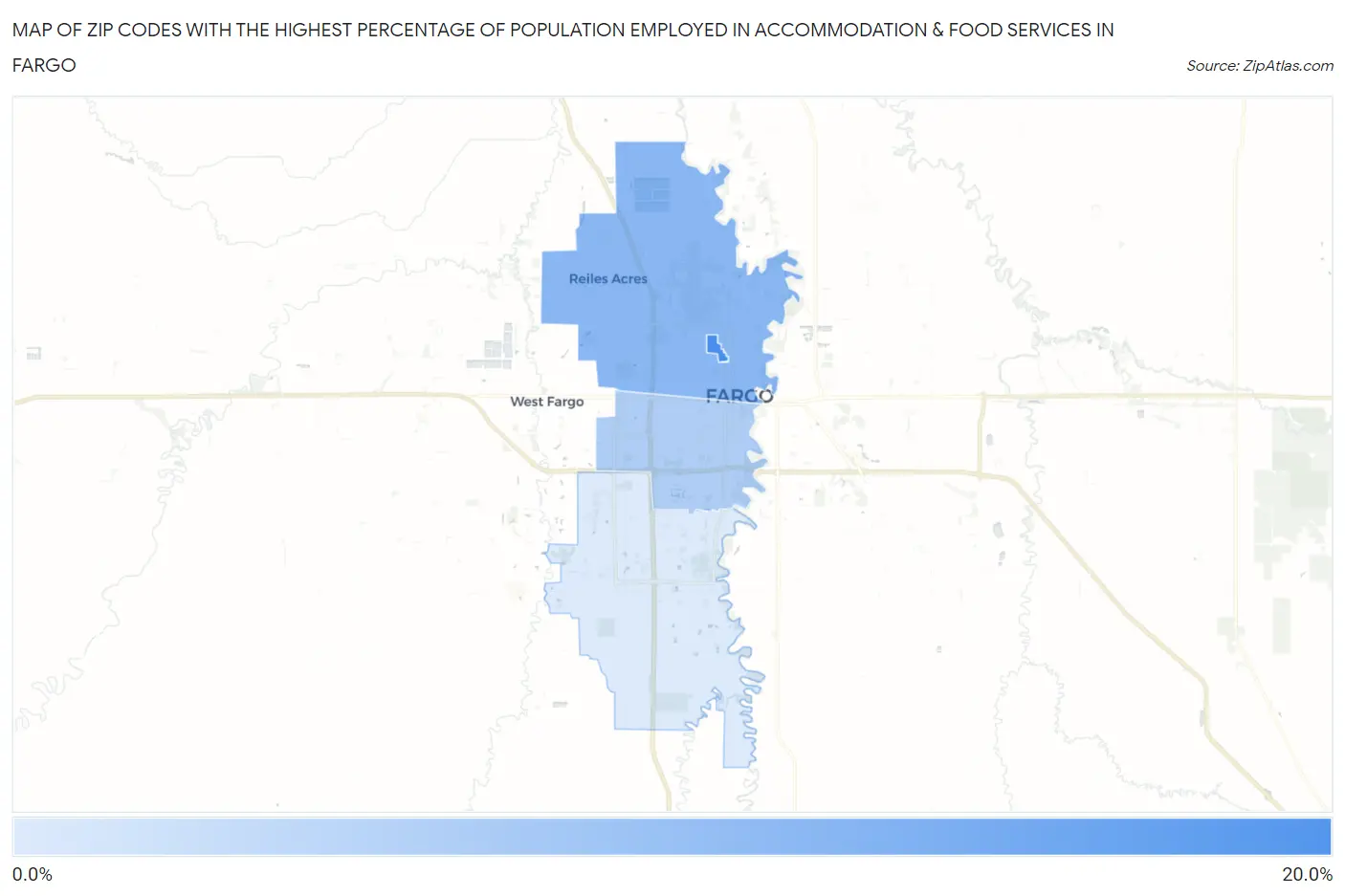 Zip Codes with the Highest Percentage of Population Employed in Accommodation & Food Services in Fargo Map