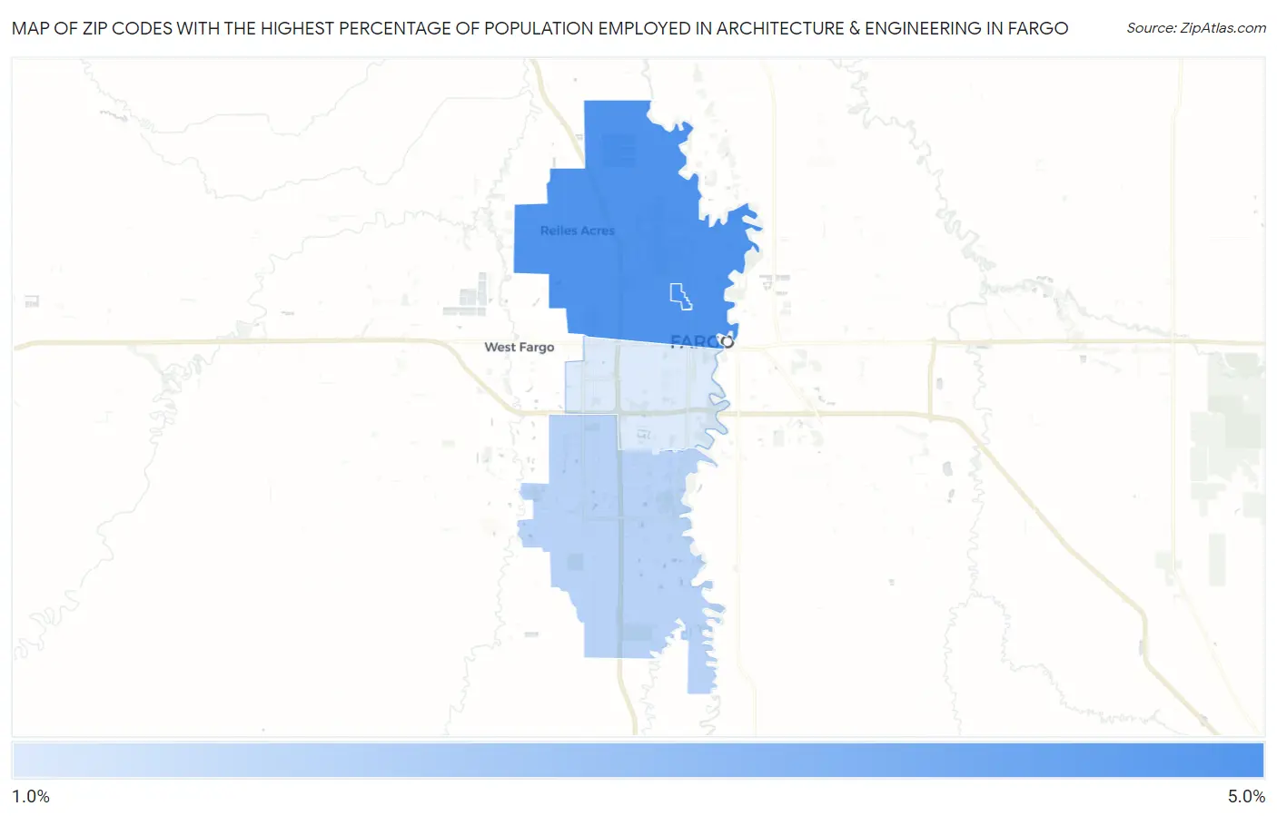 Zip Codes with the Highest Percentage of Population Employed in Architecture & Engineering in Fargo Map