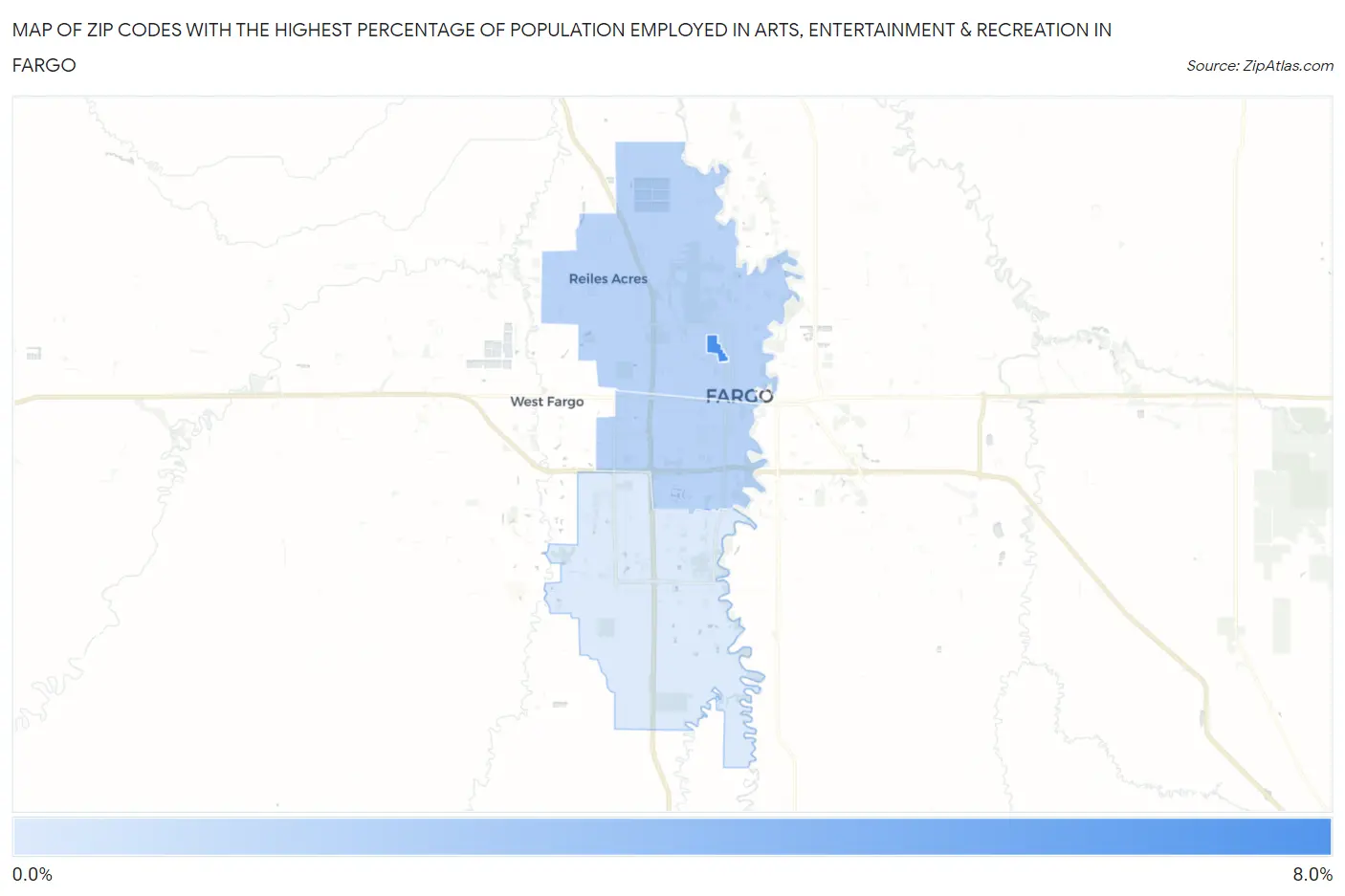 Zip Codes with the Highest Percentage of Population Employed in Arts, Entertainment & Recreation in Fargo Map