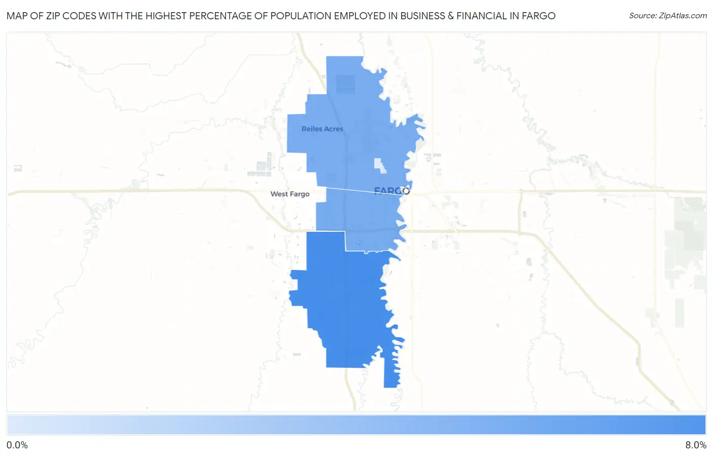 Zip Codes with the Highest Percentage of Population Employed in Business & Financial in Fargo Map