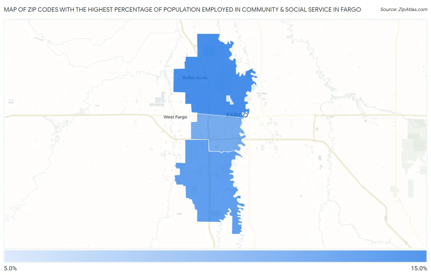 Zip Codes with the Highest Percentage of Population Employed in Community & Social Service  in Fargo Map