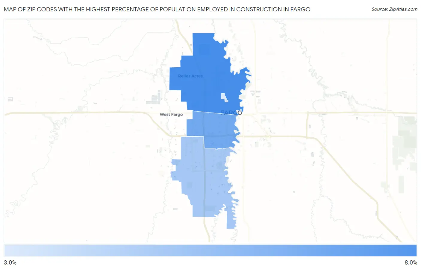 Zip Codes with the Highest Percentage of Population Employed in Construction in Fargo Map