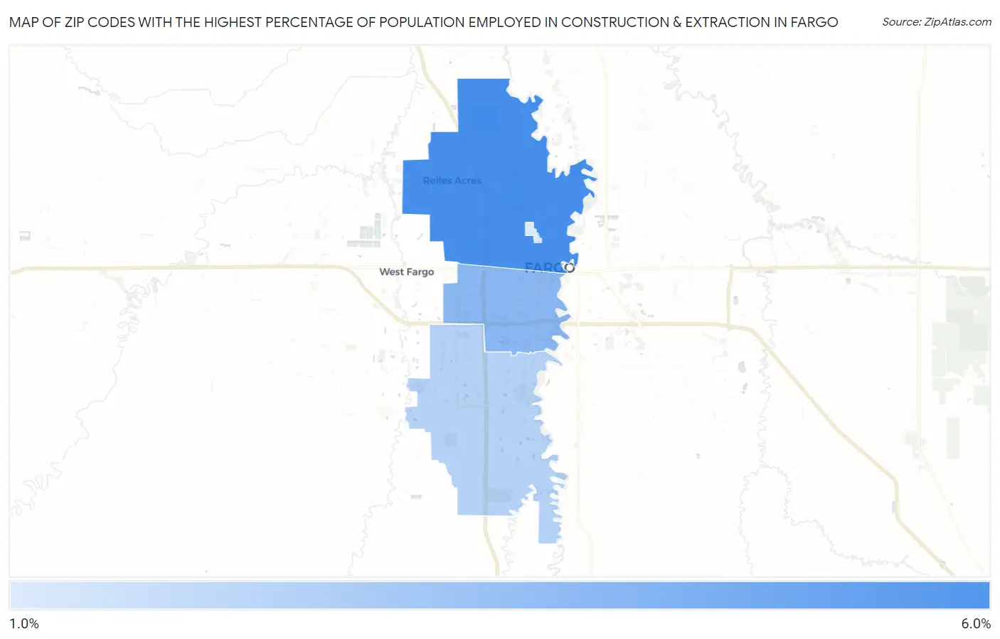 Zip Codes with the Highest Percentage of Population Employed in Construction & Extraction in Fargo Map