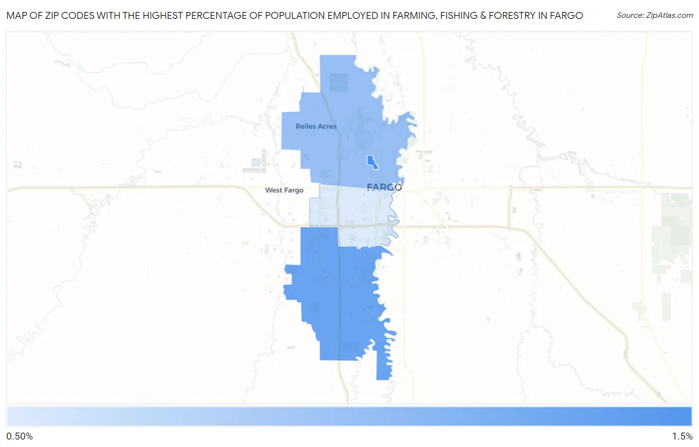Zip Codes with the Highest Percentage of Population Employed in Farming, Fishing & Forestry in Fargo Map