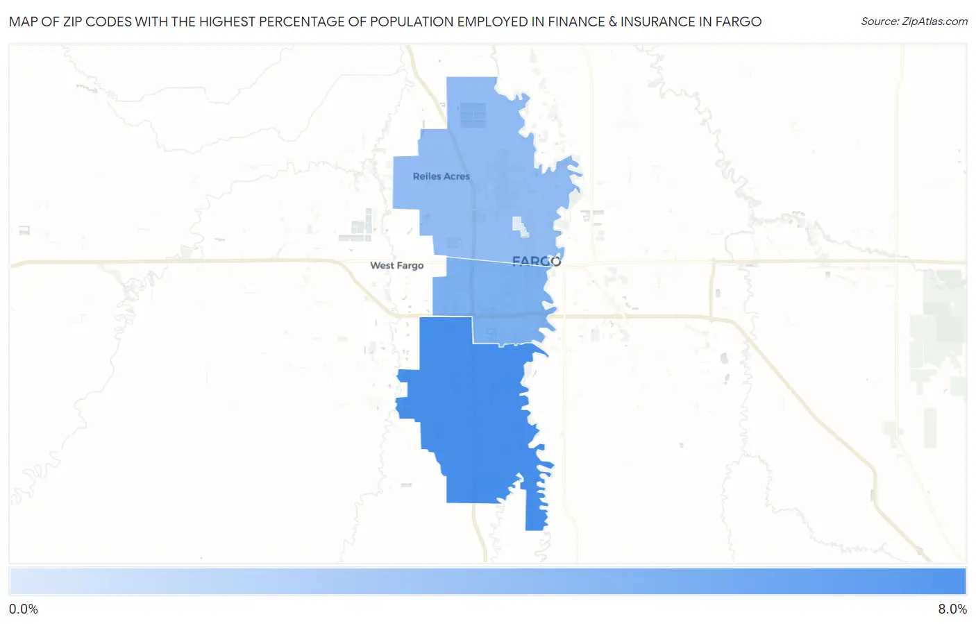 Zip Codes with the Highest Percentage of Population Employed in Finance & Insurance in Fargo Map