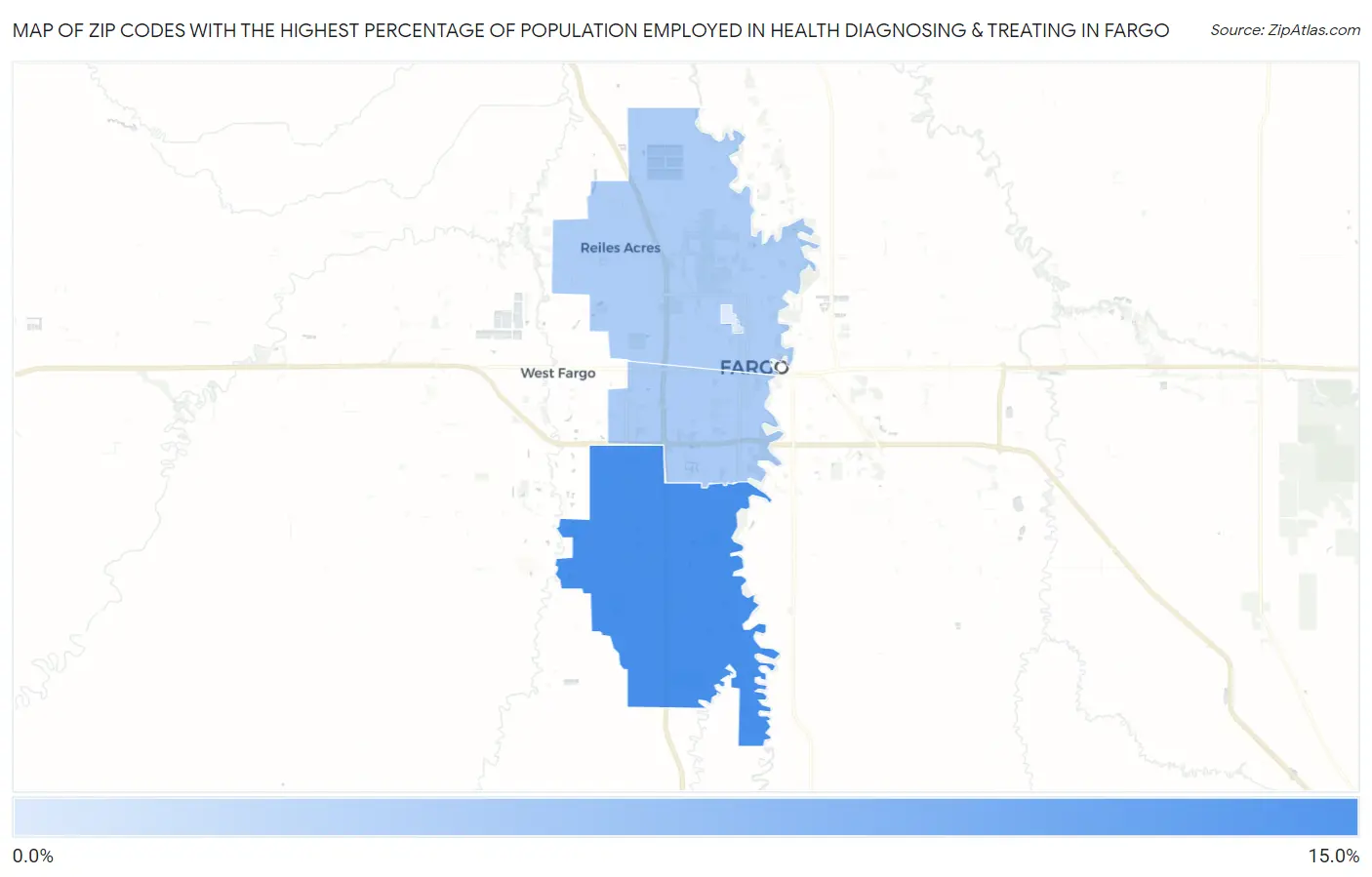 Zip Codes with the Highest Percentage of Population Employed in Health Diagnosing & Treating in Fargo Map