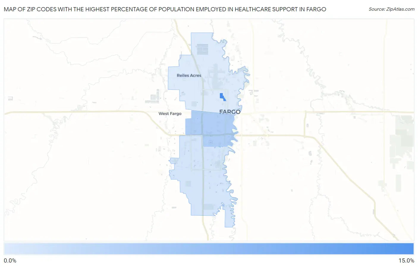 Zip Codes with the Highest Percentage of Population Employed in Healthcare Support in Fargo Map