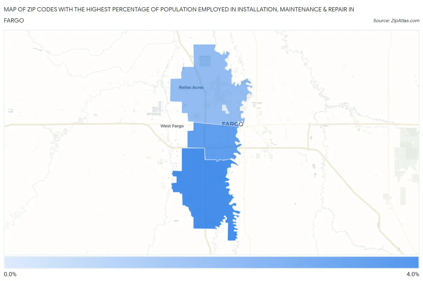 Zip Codes with the Highest Percentage of Population Employed in Installation, Maintenance & Repair in Fargo Map