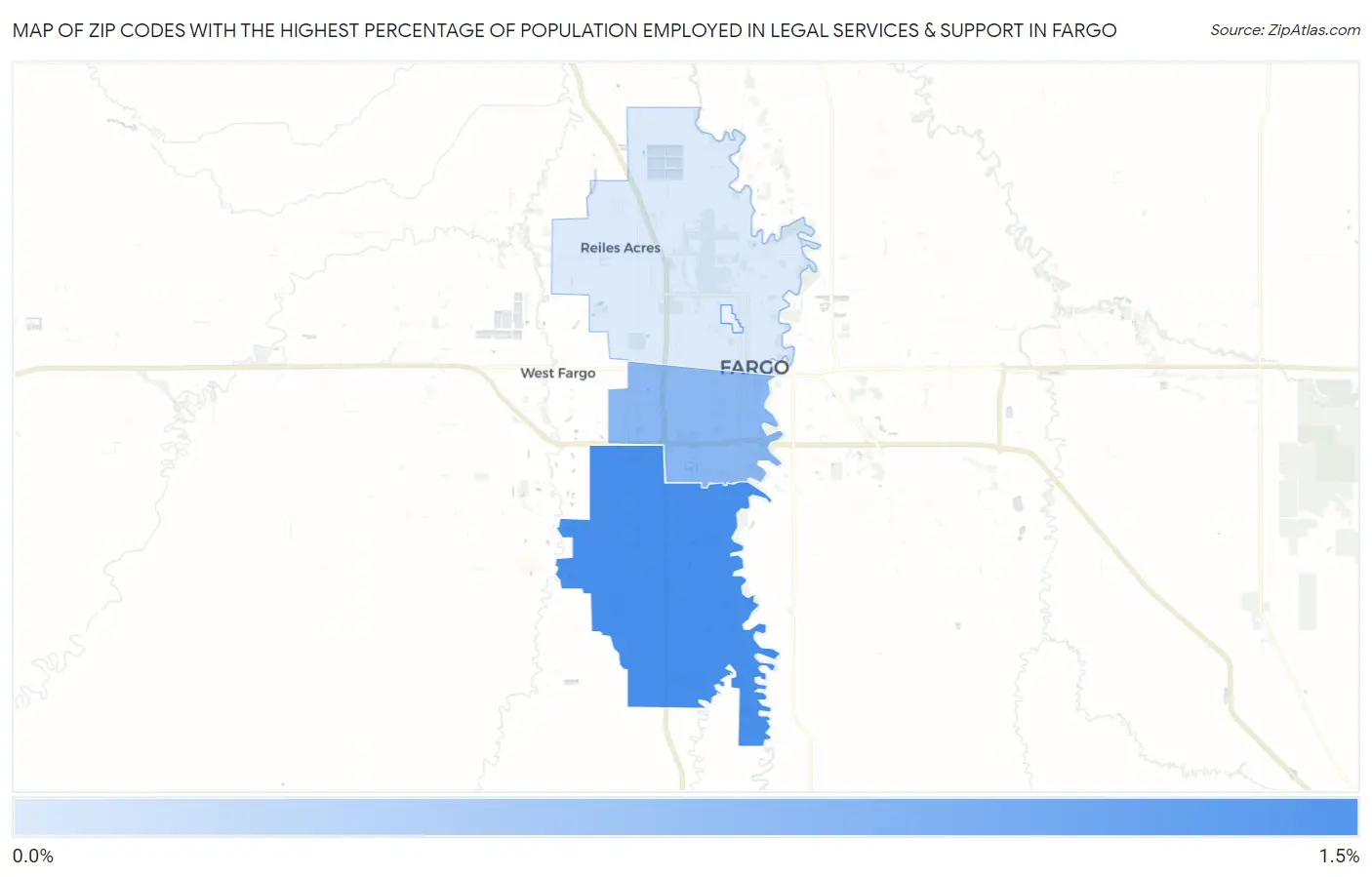Zip Codes with the Highest Percentage of Population Employed in Legal Services & Support in Fargo Map