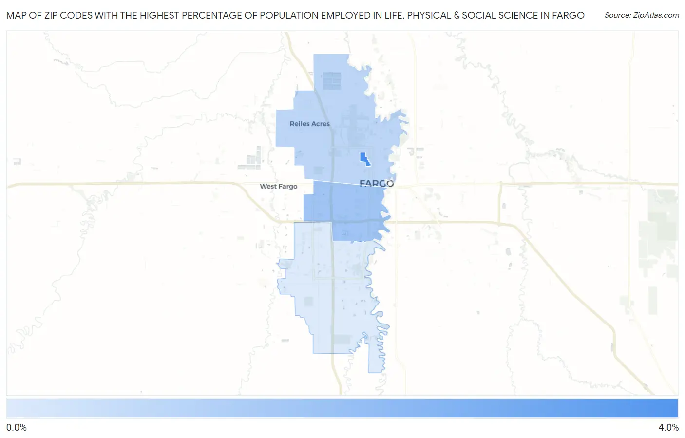 Zip Codes with the Highest Percentage of Population Employed in Life, Physical & Social Science in Fargo Map
