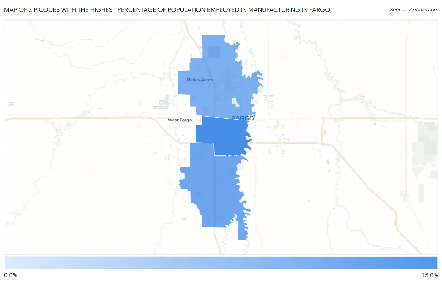 Zip Codes with the Highest Percentage of Population Employed in Manufacturing in Fargo Map
