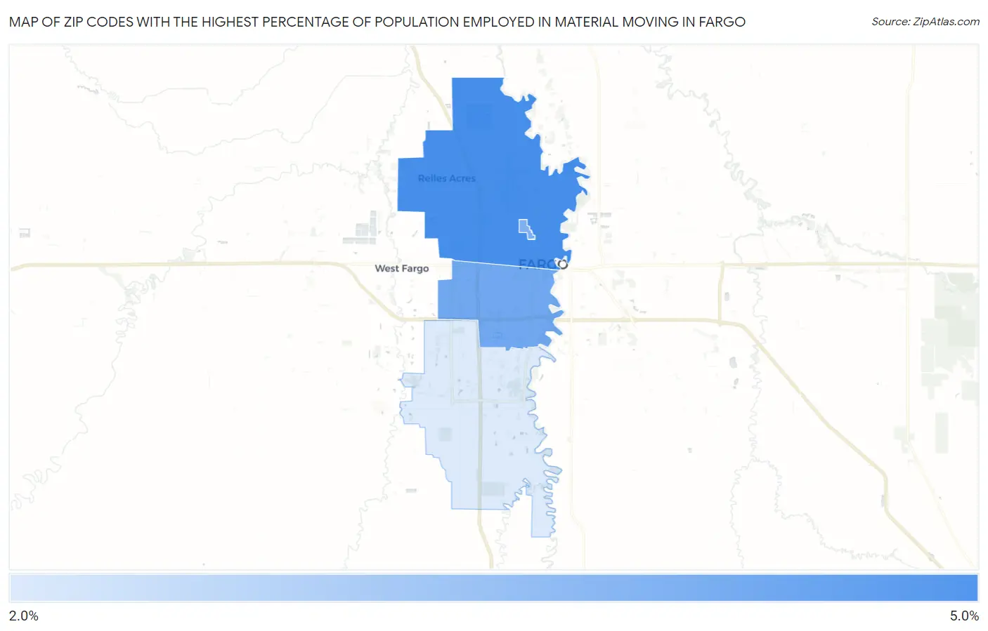 Zip Codes with the Highest Percentage of Population Employed in Material Moving in Fargo Map