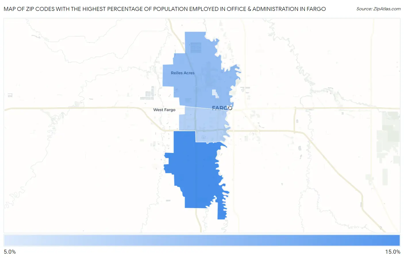 Zip Codes with the Highest Percentage of Population Employed in Office & Administration in Fargo Map