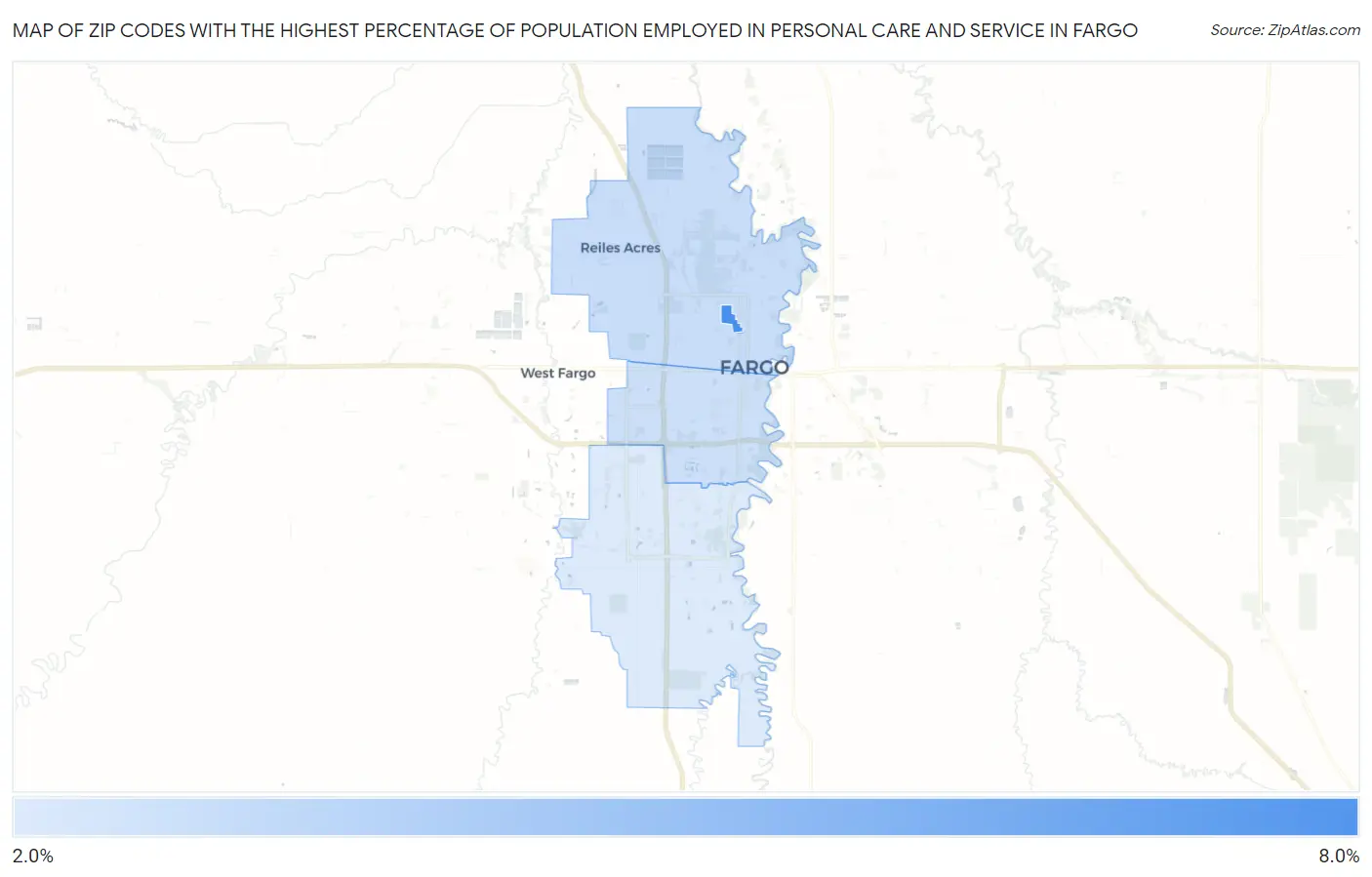 Zip Codes with the Highest Percentage of Population Employed in Personal Care and Service in Fargo Map