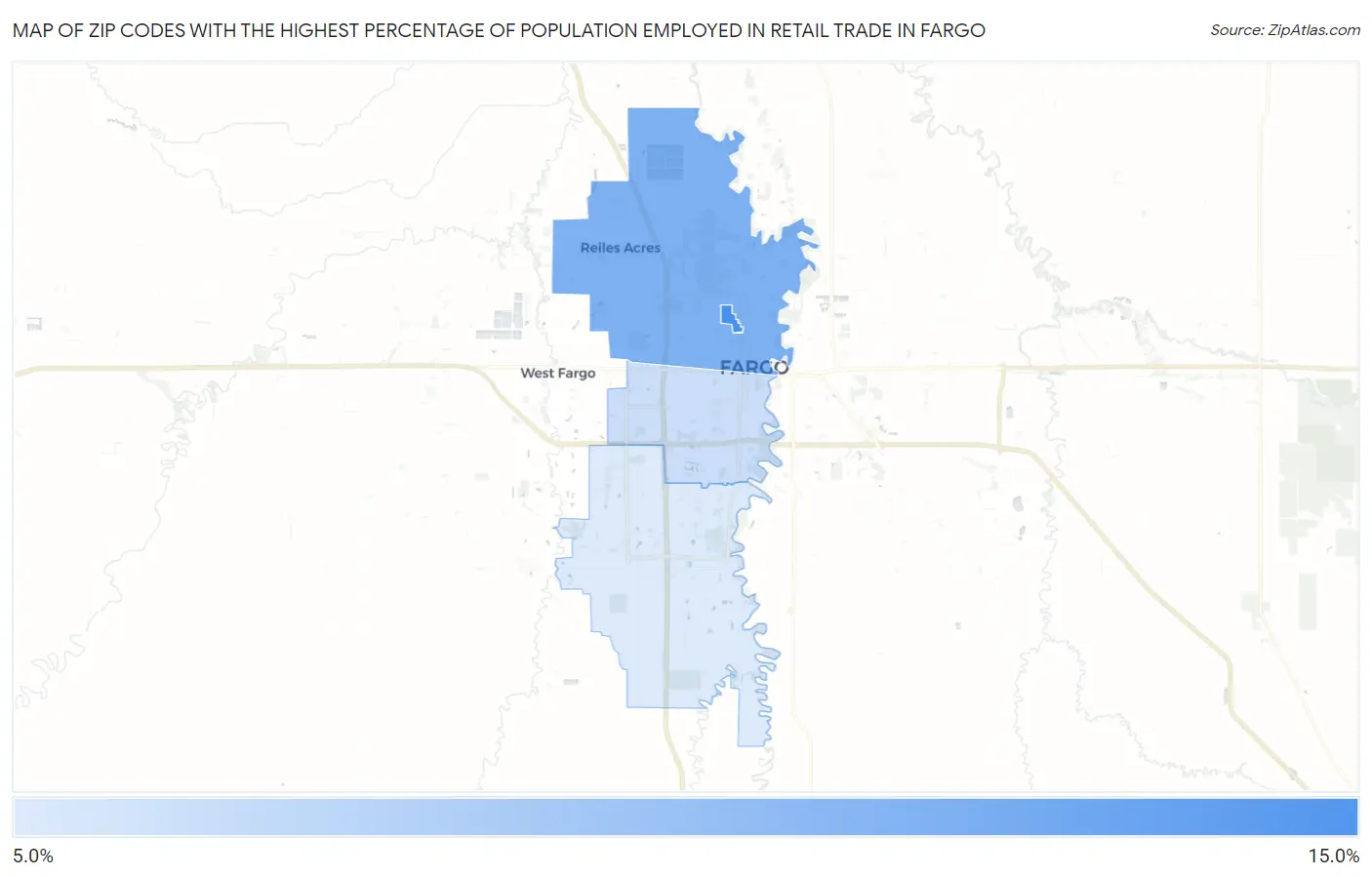 Zip Codes with the Highest Percentage of Population Employed in Retail Trade in Fargo Map