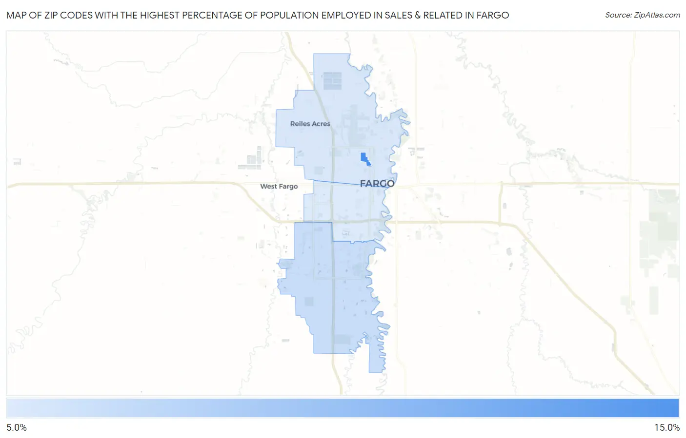 Zip Codes with the Highest Percentage of Population Employed in Sales & Related in Fargo Map
