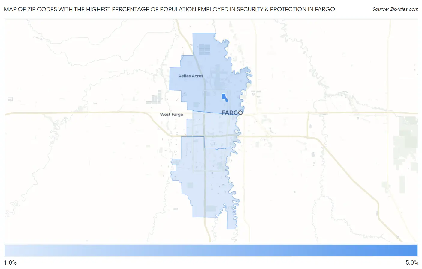 Zip Codes with the Highest Percentage of Population Employed in Security & Protection in Fargo Map