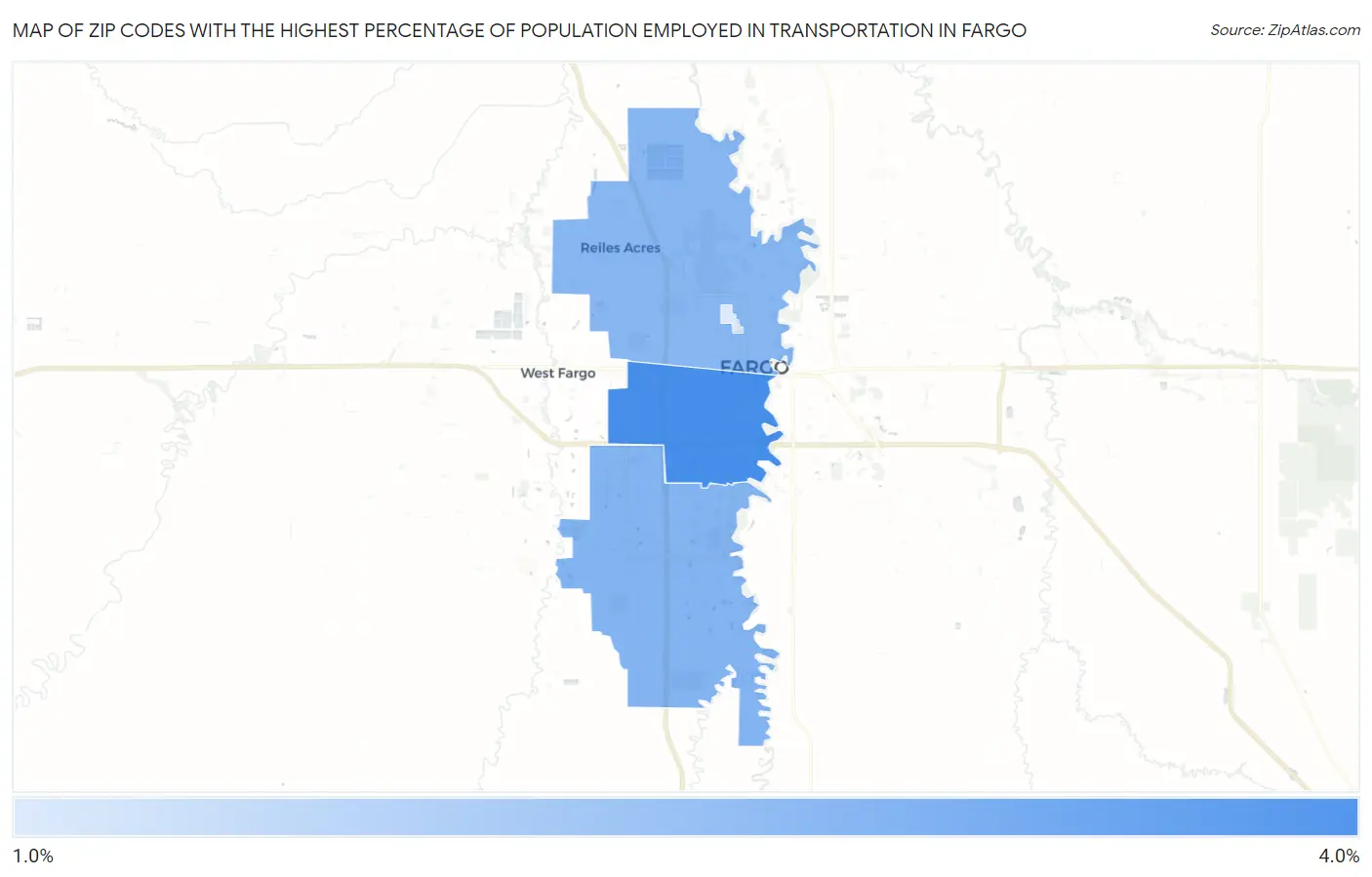 Zip Codes with the Highest Percentage of Population Employed in Transportation in Fargo Map