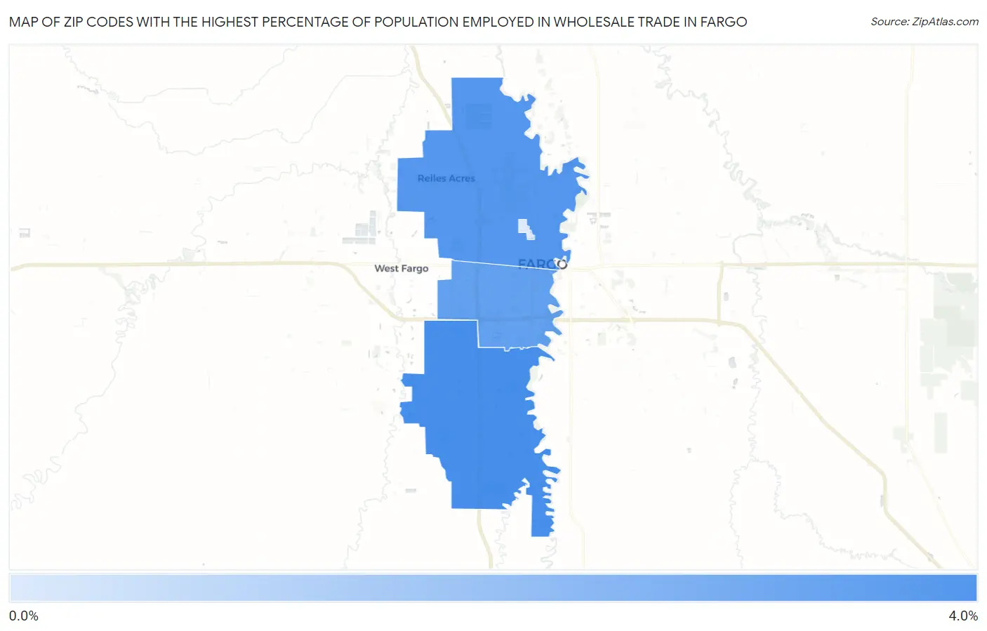 Zip Codes with the Highest Percentage of Population Employed in Wholesale Trade in Fargo Map