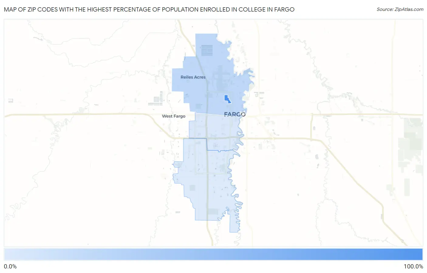 Zip Codes with the Highest Percentage of Population Enrolled in College in Fargo Map