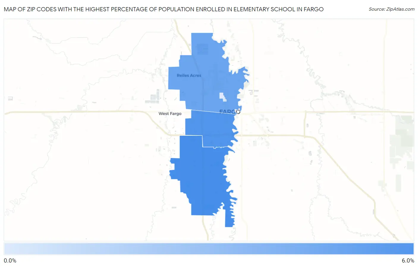 Zip Codes with the Highest Percentage of Population Enrolled in Elementary School in Fargo Map