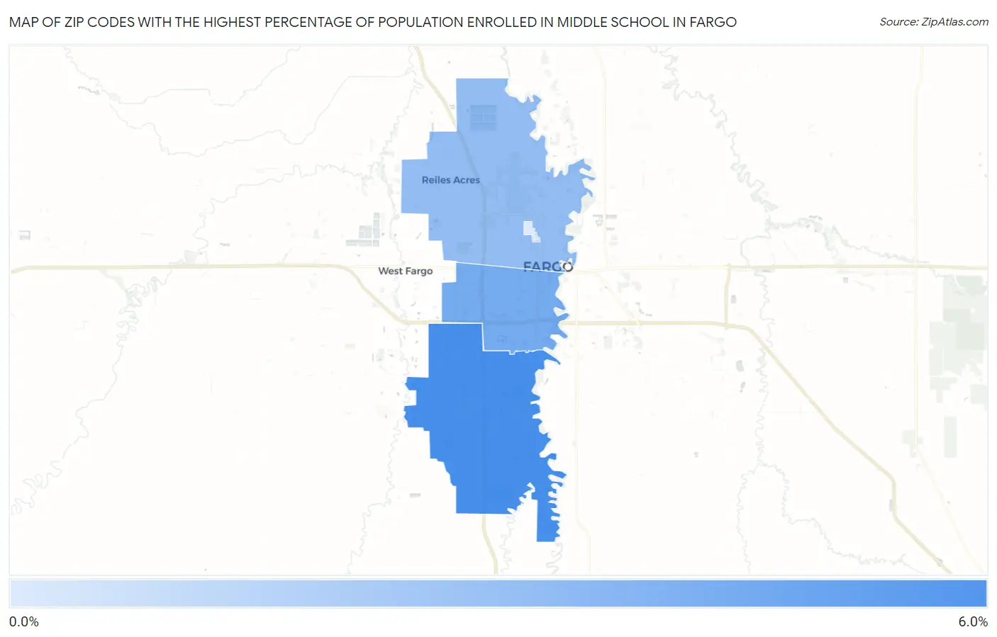 Zip Codes with the Highest Percentage of Population Enrolled in Middle School in Fargo Map