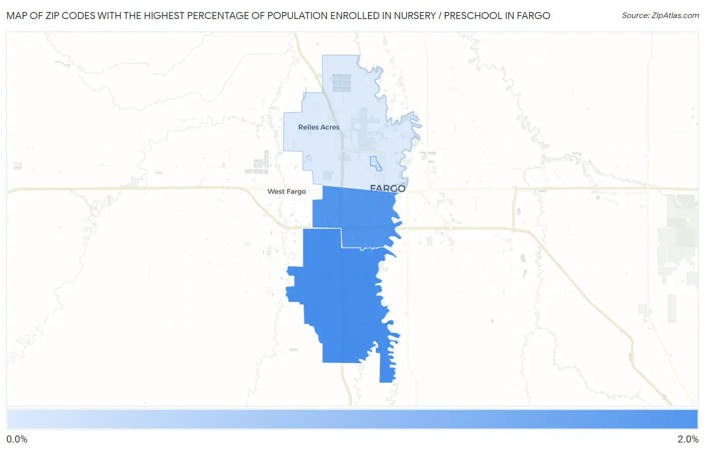 Zip Codes with the Highest Percentage of Population Enrolled in Nursery / Preschool in Fargo Map