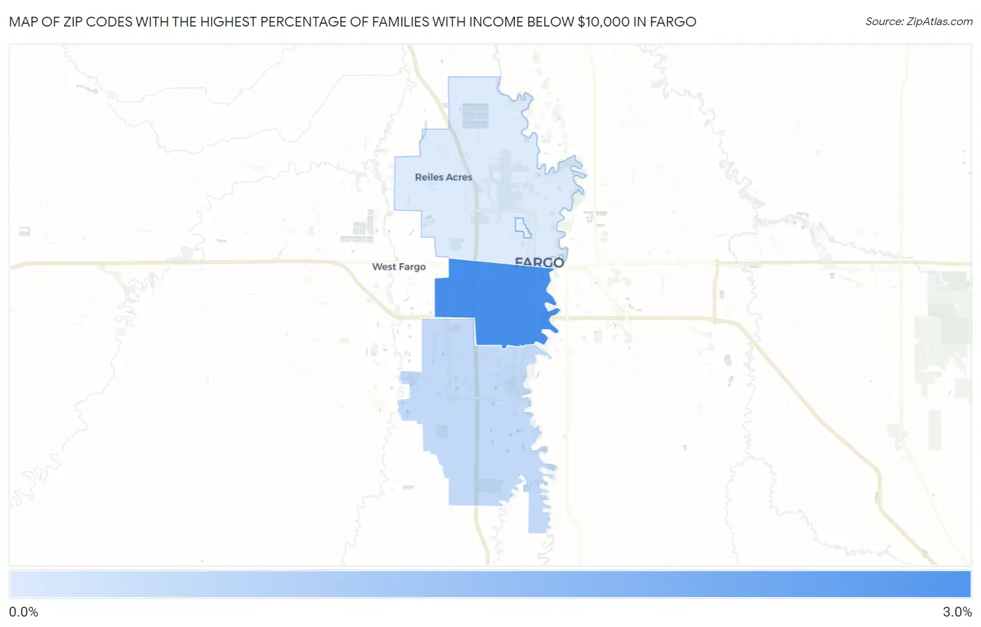 Zip Codes with the Highest Percentage of Families with Income Below $10,000 in Fargo Map