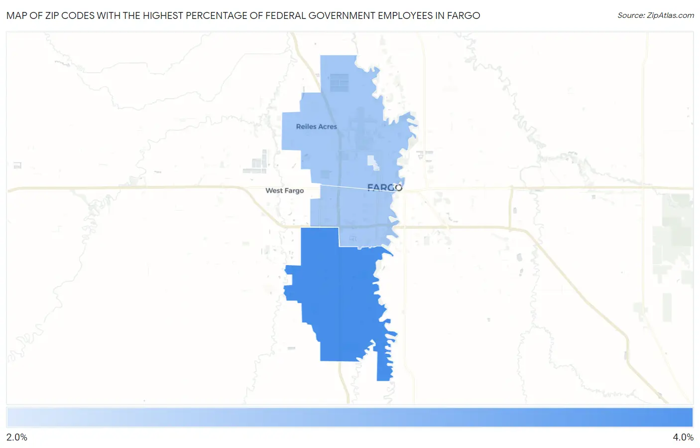 Zip Codes with the Highest Percentage of Federal Government Employees in Fargo Map