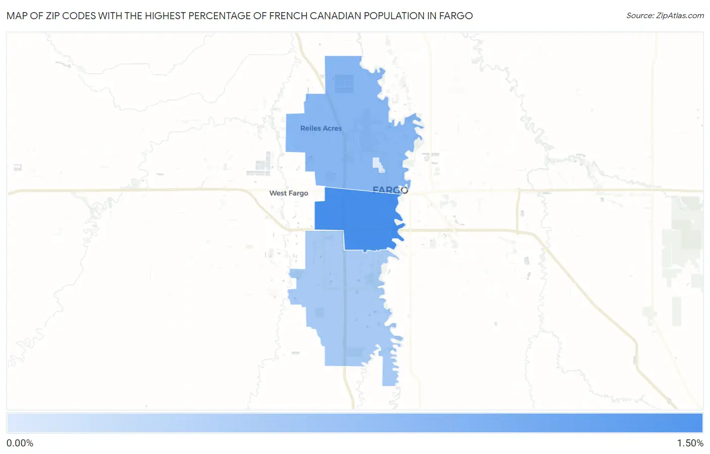 Zip Codes with the Highest Percentage of French Canadian Population in Fargo Map